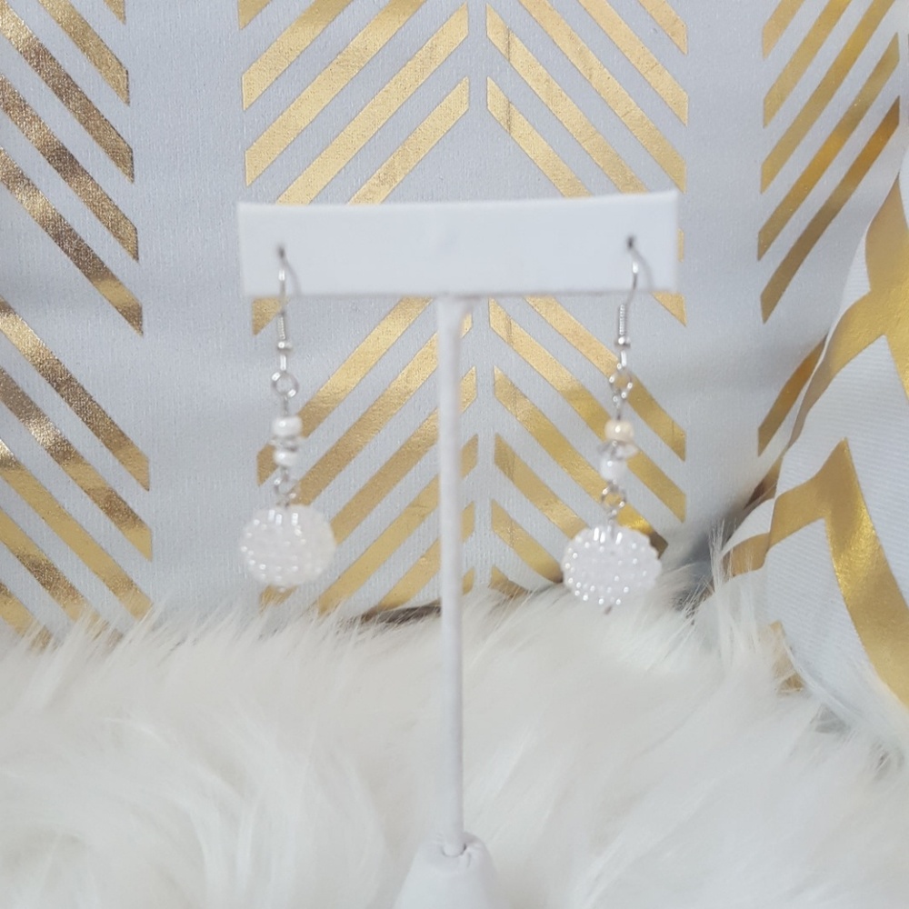 PTB white beaded dangle earrings